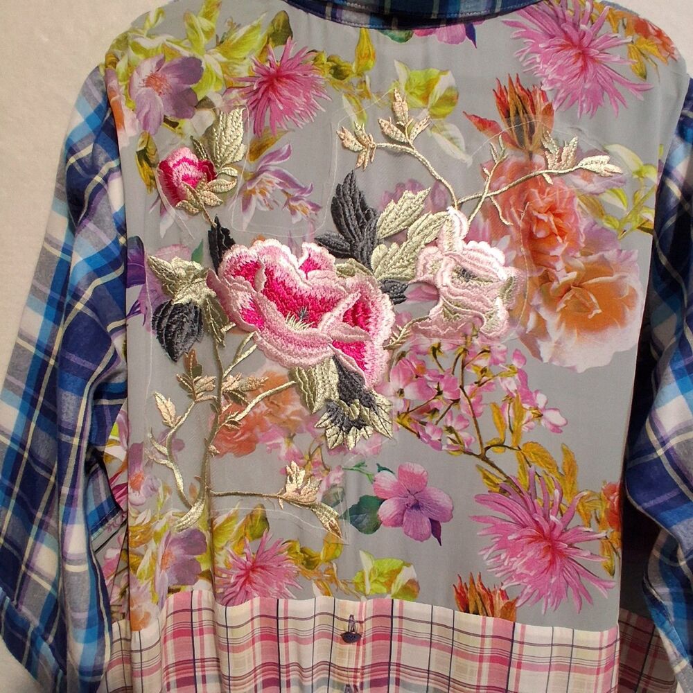 Soft Surroundings 3X Top Serena Button Front Sheer Back Embroidered Blue Boho - Picture 10 of 11